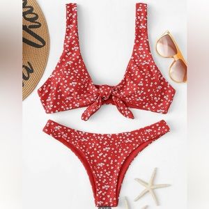 Red tie front floral Bikini Set